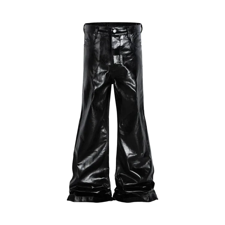 Black Glossy Patent Leather Micro-lapped Jeans Streetwear Tactical Pants