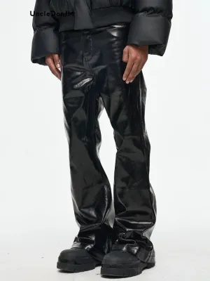 Black Glossy Patent Leather Micro-lapped Jeans Streetwear Tactical Pants