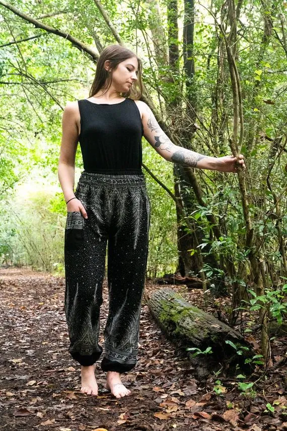 Black PEACOCK Women Harem Pants Boho Pants Hippie Pants