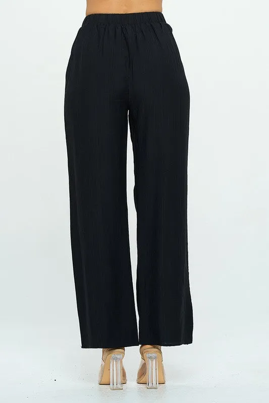 Black Solid Wide Leg Pants With Elastic Waist