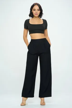 Black Solid Wide Leg Pants With Elastic Waist