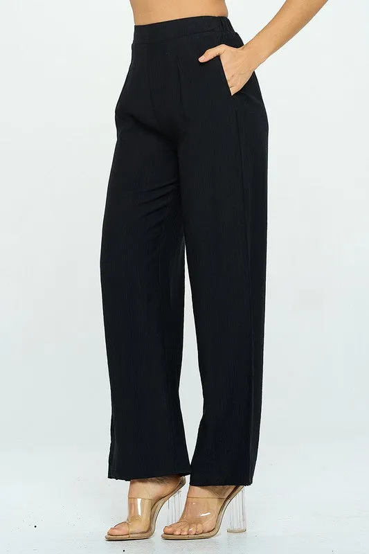 Black Solid Wide Leg Pants With Elastic Waist