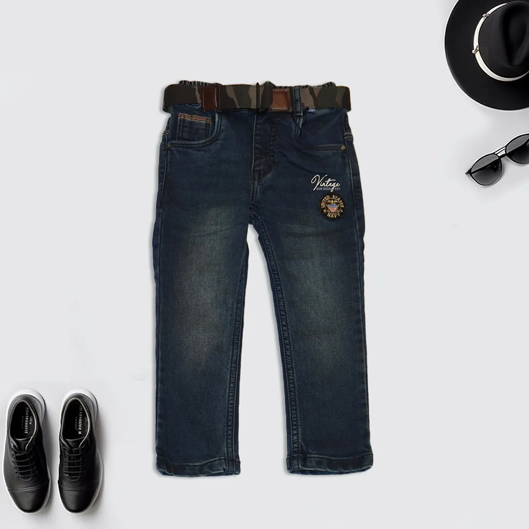 Blue Solid Jeans with Belt for Kids