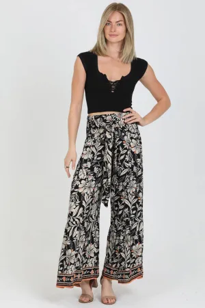 Border Print Tie Waist Pants