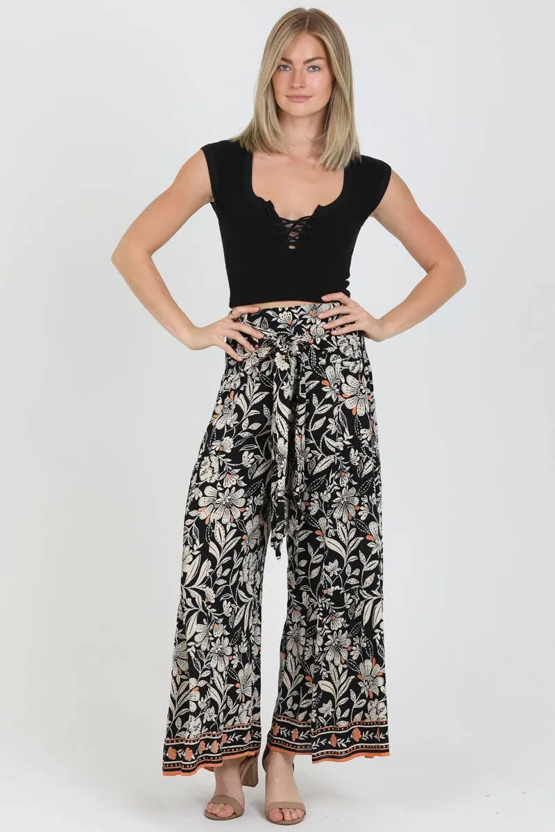 Border Print Tie Waist Pants