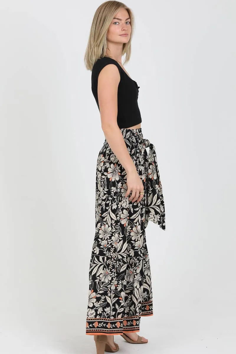 Border Print Tie Waist Pants