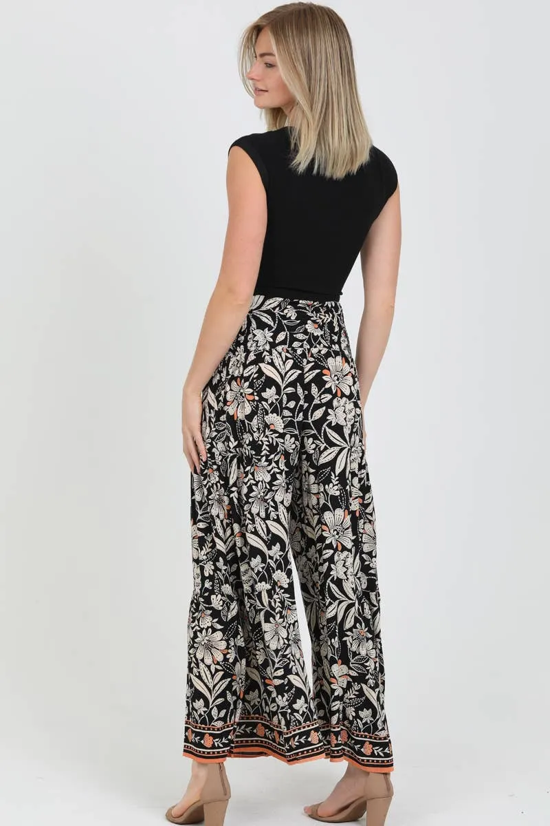 Border Print Tie Waist Pants