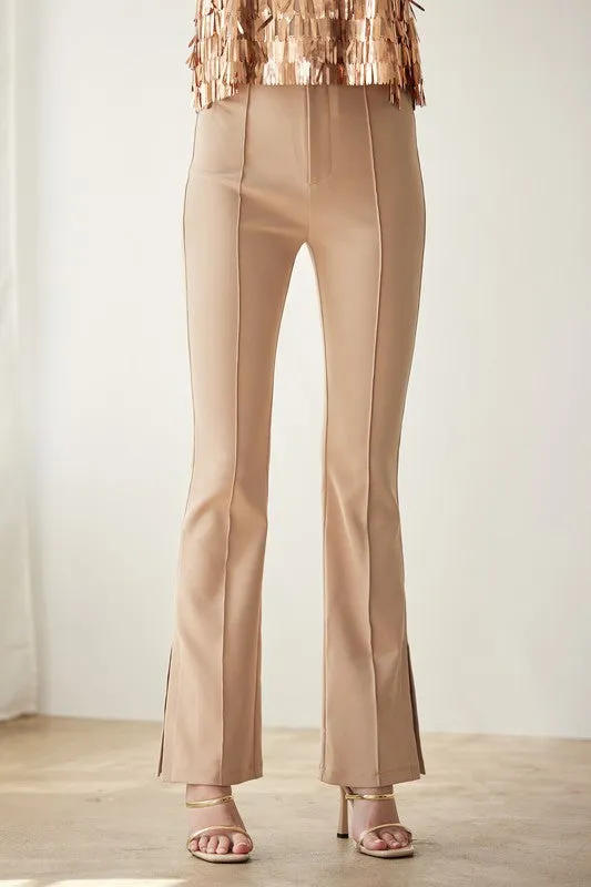 Cafe Latte Center-Leg Seam Detailed Side Slit Flare Pants