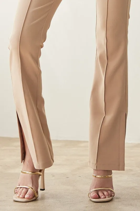 Cafe Latte Center-Leg Seam Detailed Side Slit Flare Pants