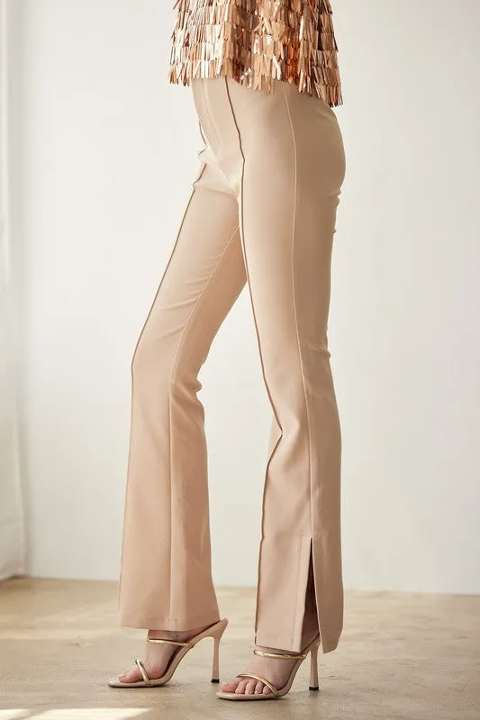 Cafe Latte Center-Leg Seam Detailed Side Slit Flare Pants