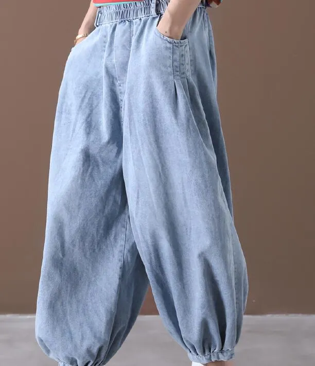 Denim Summer Loose Linen Wide Leg Women Casual Pants Elastic Waist WG05131