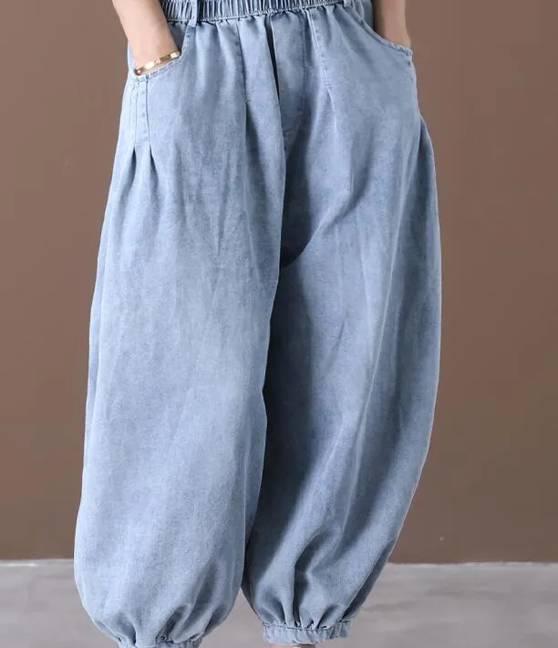 Denim Summer Loose Linen Wide Leg Women Casual Pants Elastic Waist WG05131