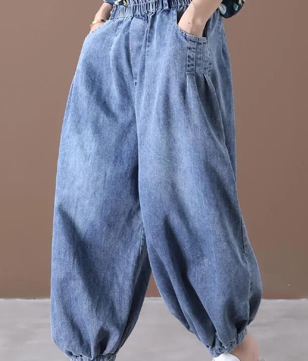 Denim Summer Loose Linen Wide Leg Women Casual Pants Elastic Waist WG05131