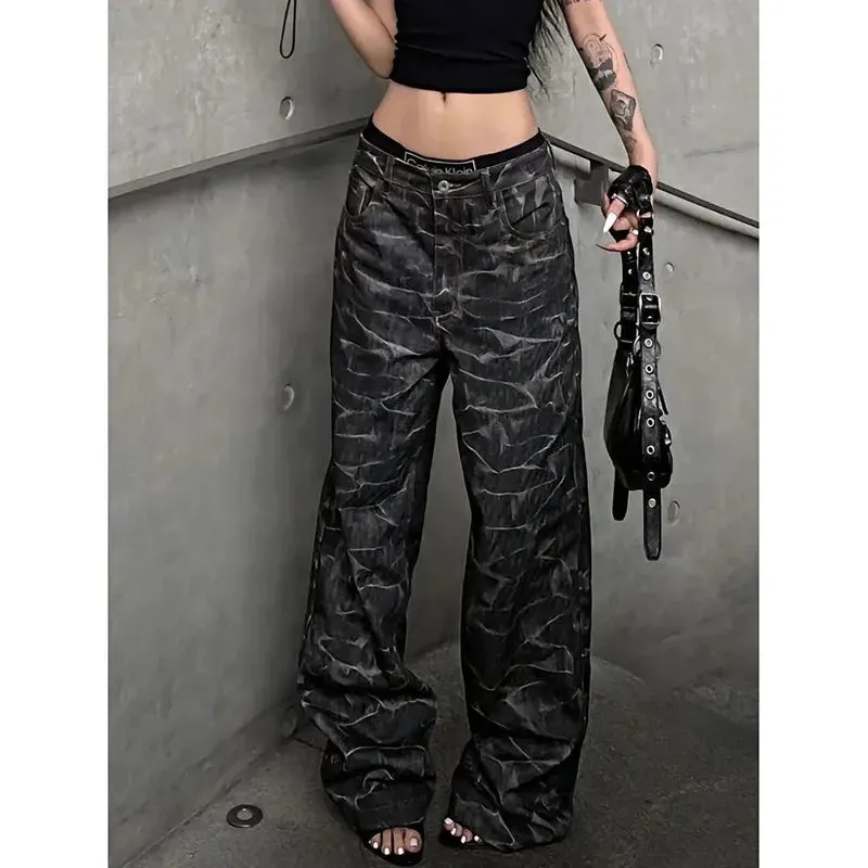 Girlary Black Jeans Women High Quality Wide Leg Pants Print Design Hip Hop American Style Vintage Female 2024 Autumn Straight Trouser