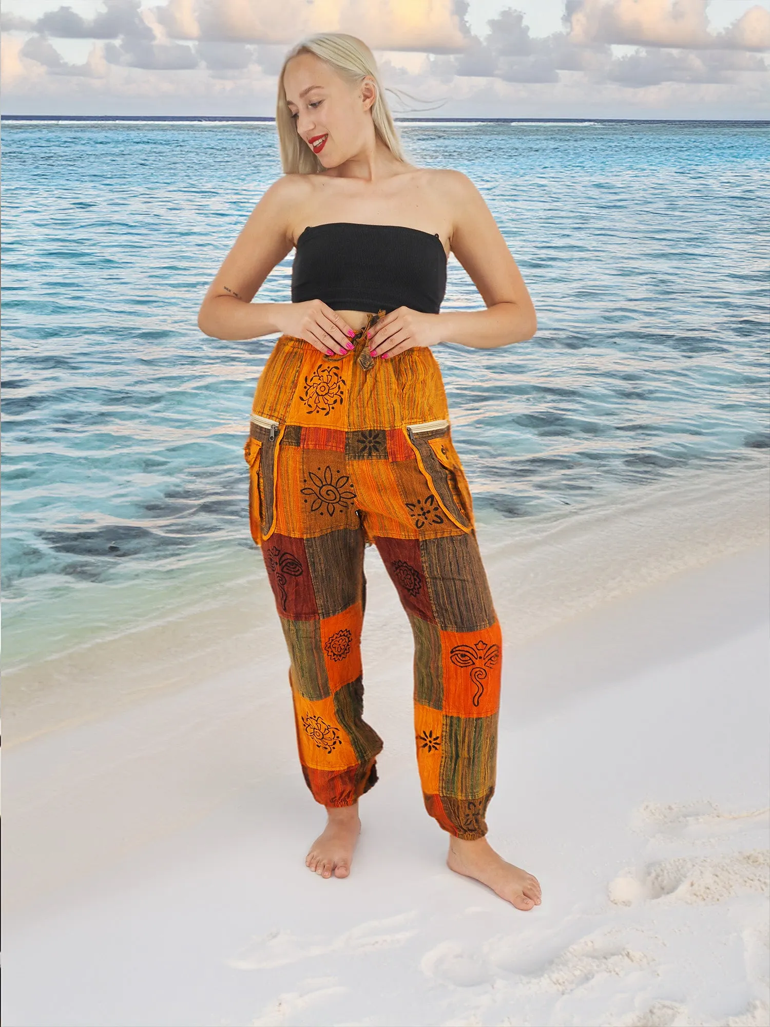 Handmade Unisex Casual Boho Hippie Cotton Patchwork Pants Size S to XXL Orange