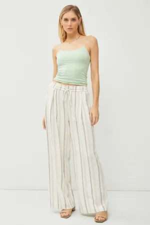 Khaki Striped Linen Blend Wide Leg Pants