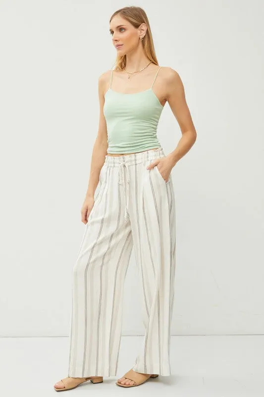 Khaki Striped Linen Blend Wide Leg Pants