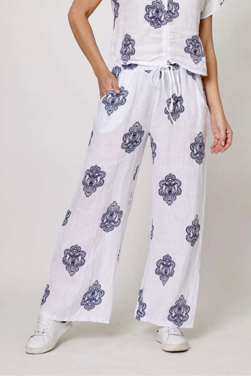 La Strada Linen Paisley Navy Print Wide Leg Pant