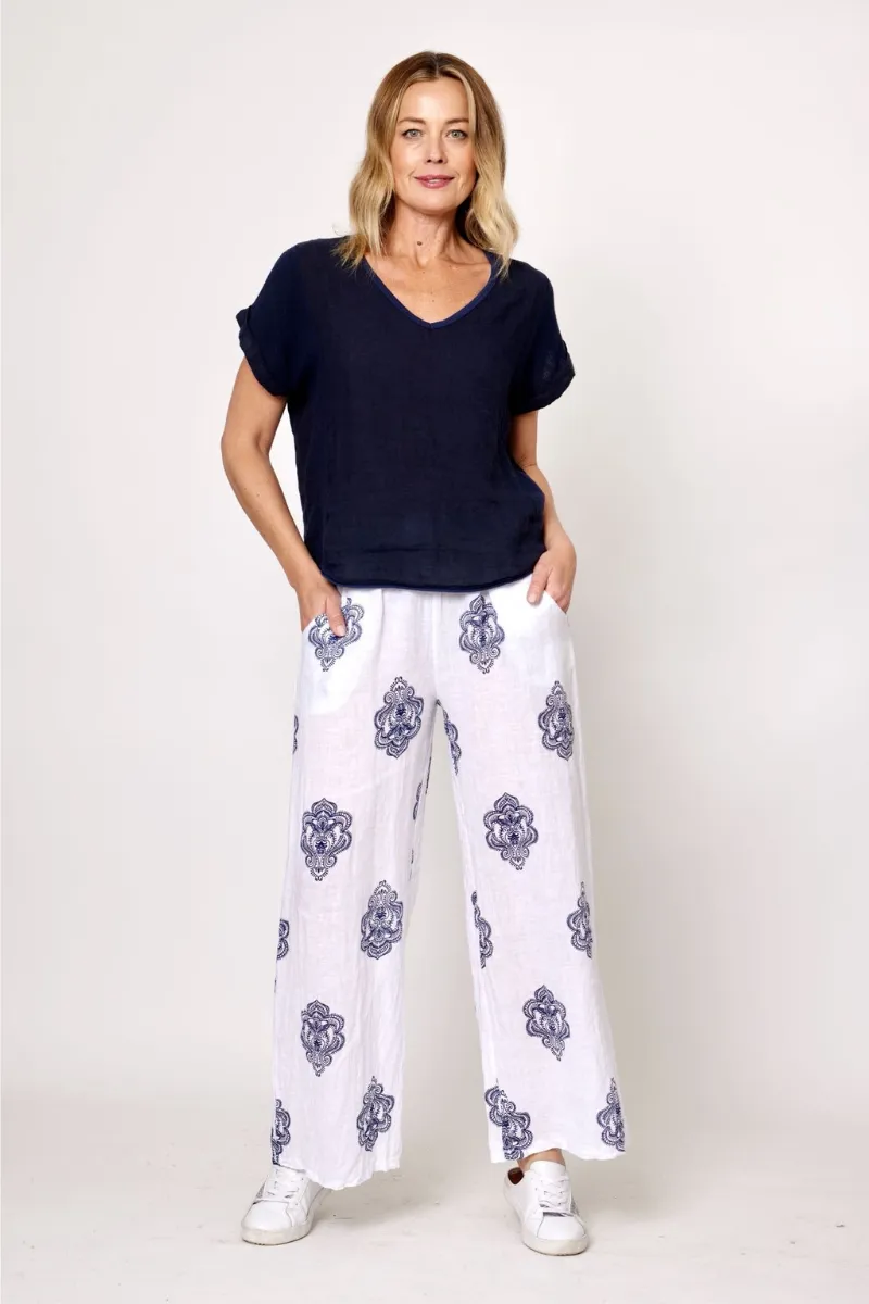 La Strada Linen Paisley Navy Print Wide Leg Pant