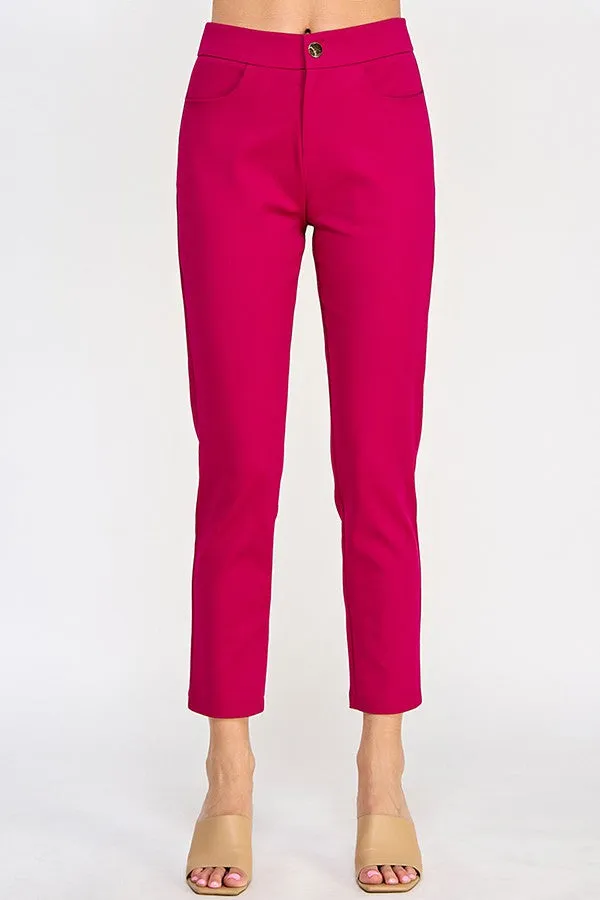 Magenta Cigarette Pants With Metal Snap Button