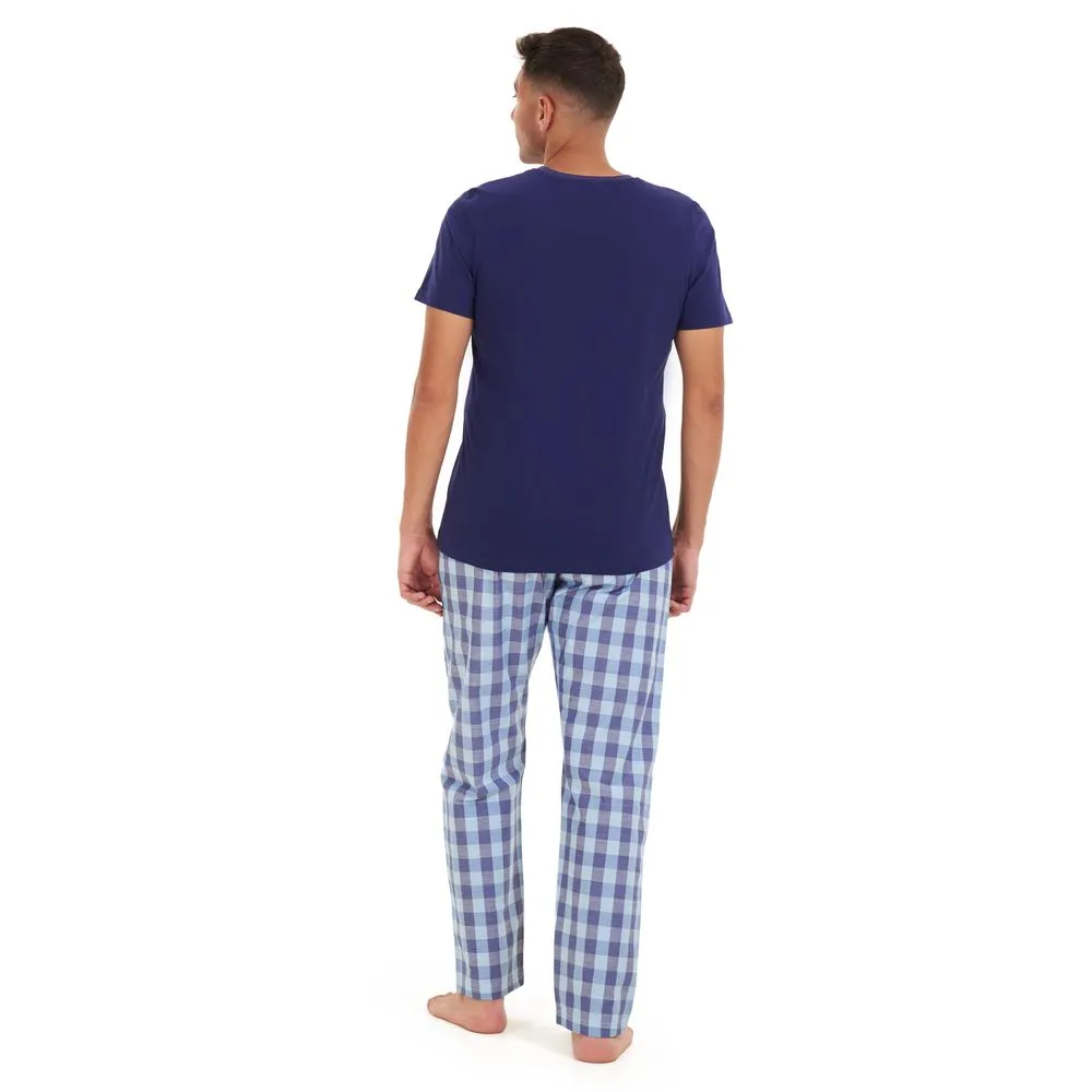 Men summer pajama set Dark blue t-shirt  aqua x blue checkered Pants