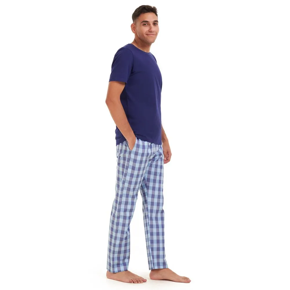 Men summer pajama set Dark blue t-shirt  aqua x blue checkered Pants