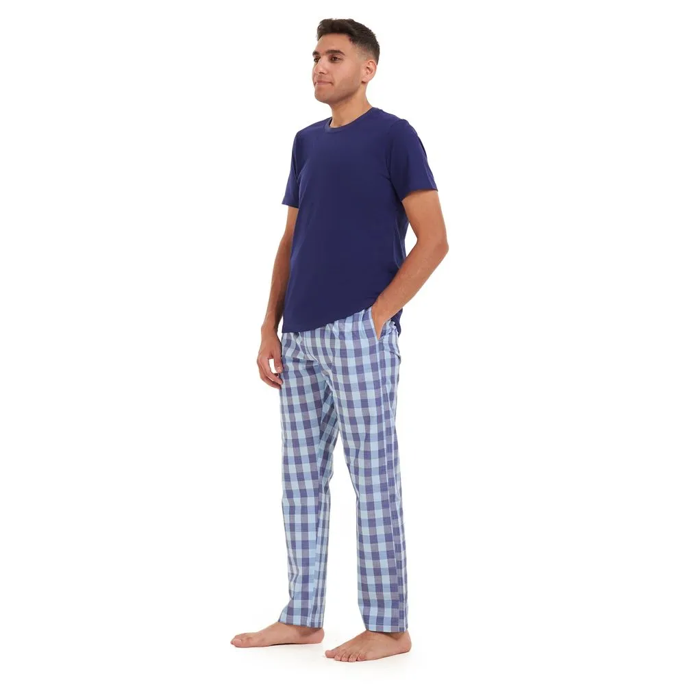 Men summer pajama set Dark blue t-shirt  aqua x blue checkered Pants