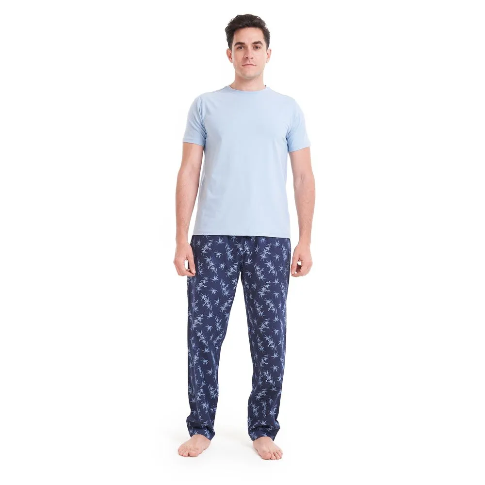 Men summer pajama set Light Blue T-shirt  Light Blue Leaves pants