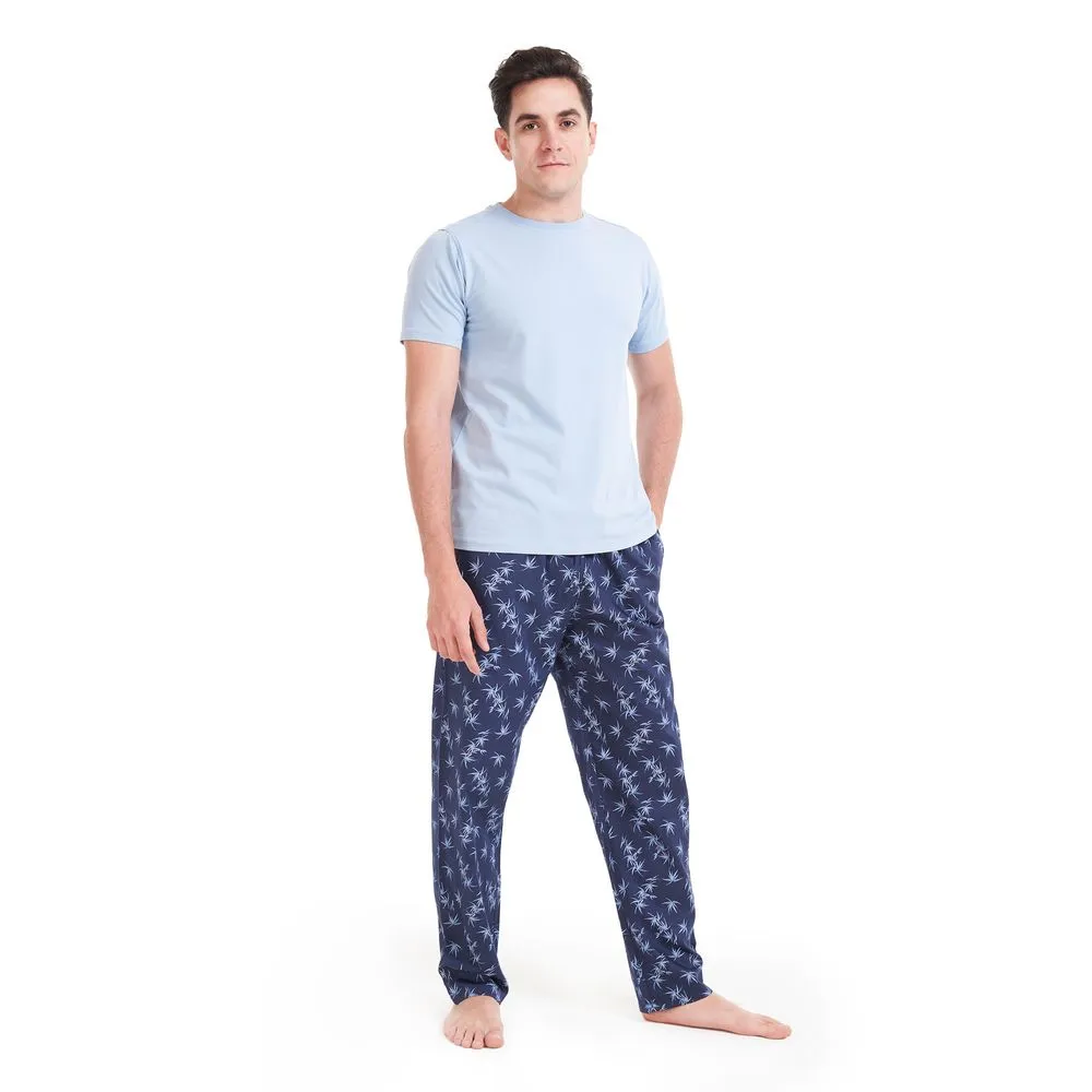 Men summer pajama set Light Blue T-shirt  Light Blue Leaves pants