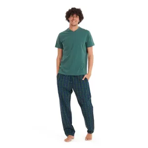 Men summer pajama set Olive T-shirt   Dark blue x olive checkered pants