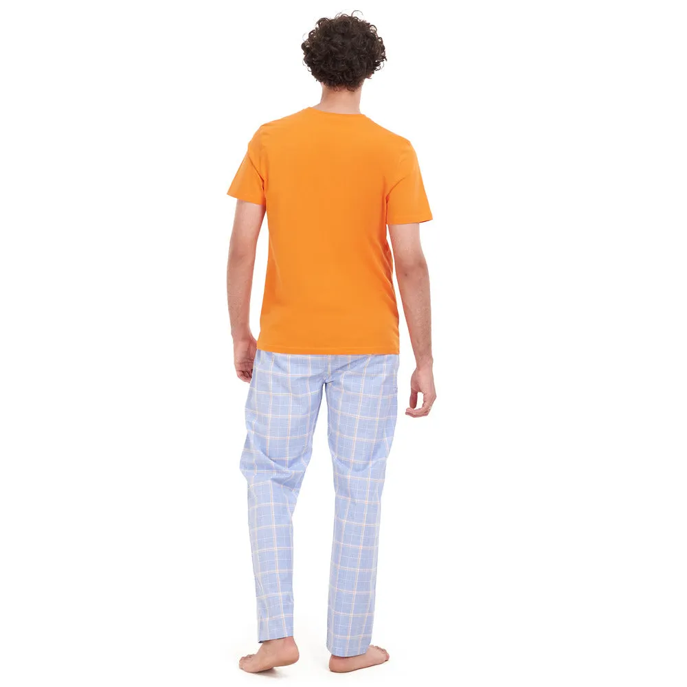 Men summer pajama set Orange T-shirt   Blue x White Checkered pants