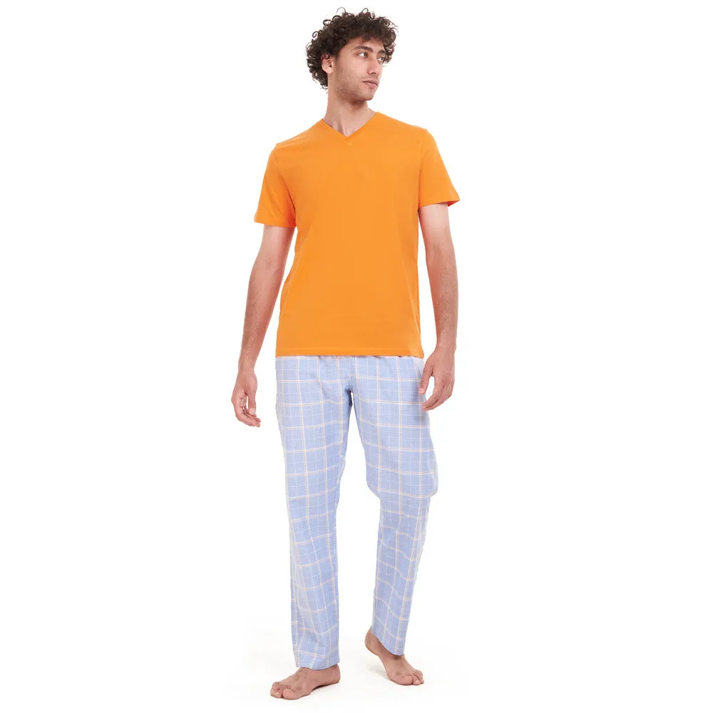 Men summer pajama set Orange T-shirt   Blue x White Checkered pants