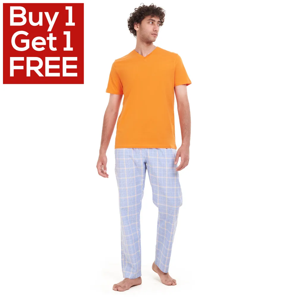 Men summer pajama set Orange T-shirt   Blue x White Checkered pants