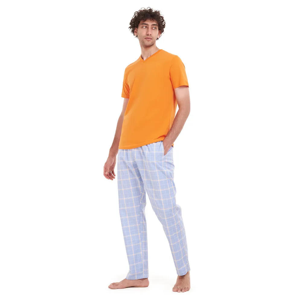 Men summer pajama set Orange T-shirt   Blue x White Checkered pants