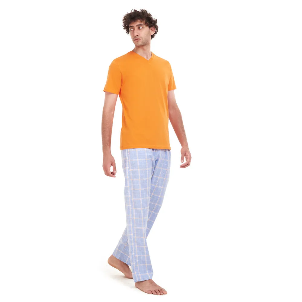 Men summer pajama set Orange T-shirt   Blue x White Checkered pants