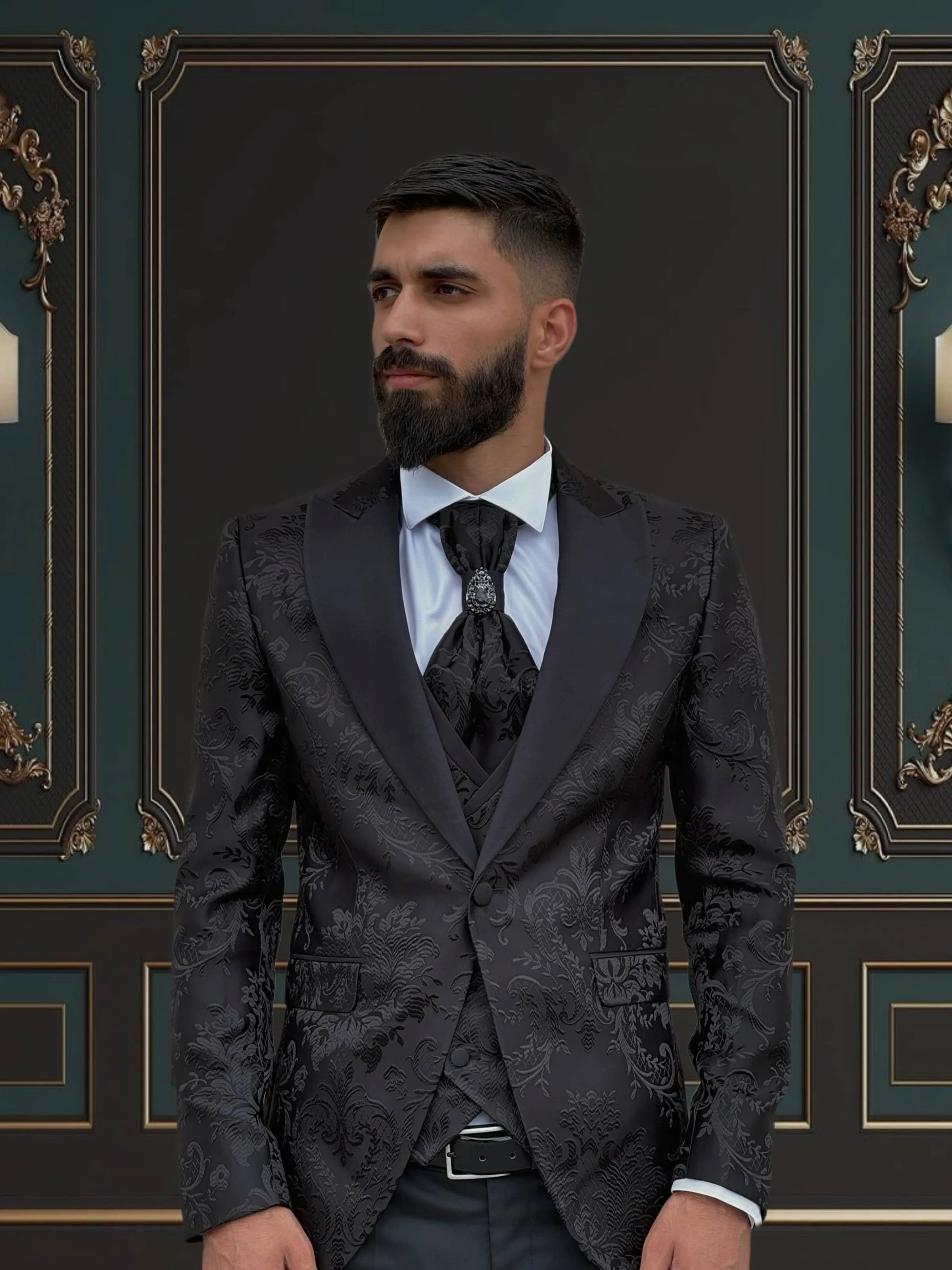 Men's Black Floral Design Tuxedo with Peak Lapel | Elegant Formal Wear