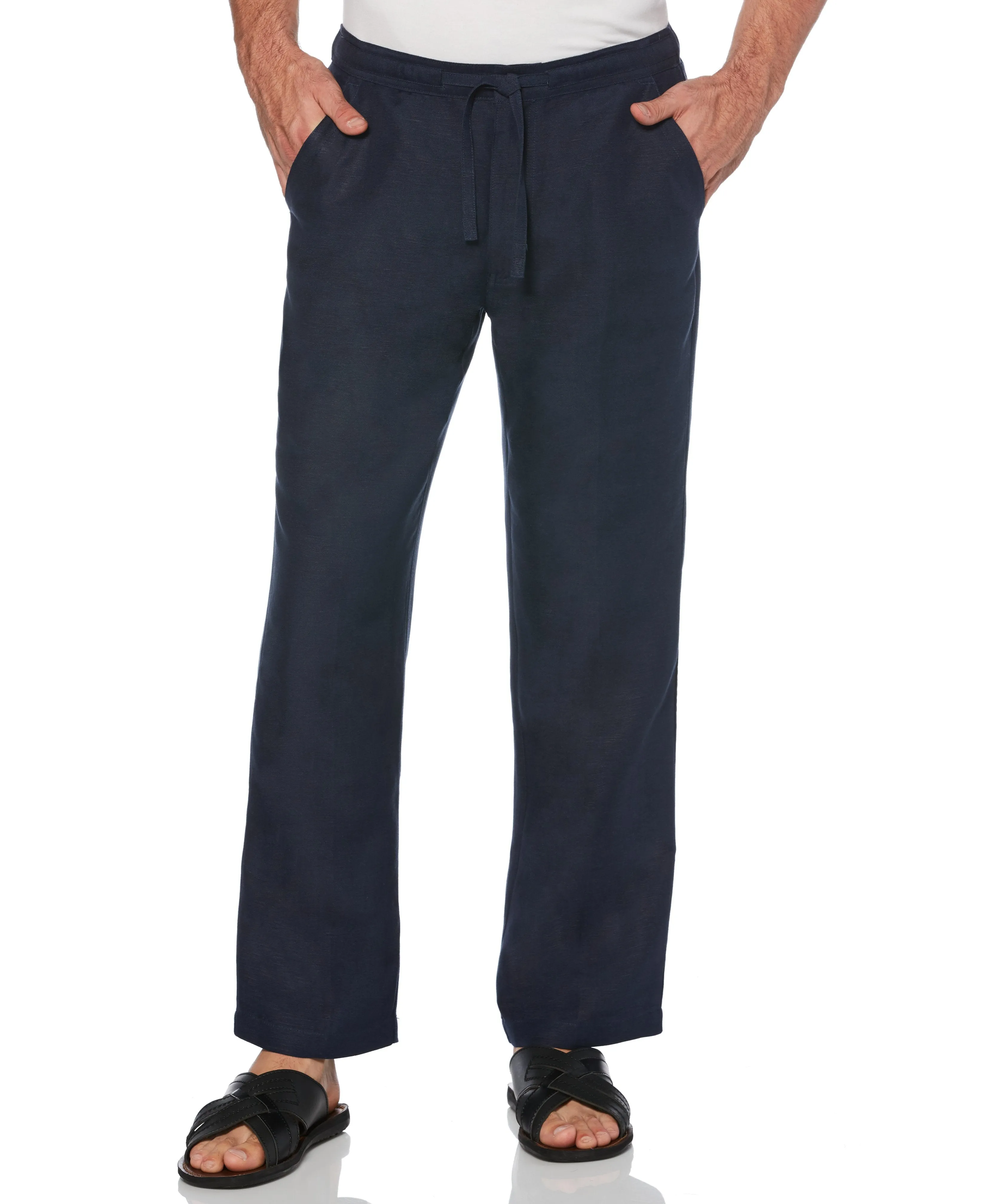 Mens Cubavera Solid Drawstring Elastic Linen Pants - C85B0063-DBLUE