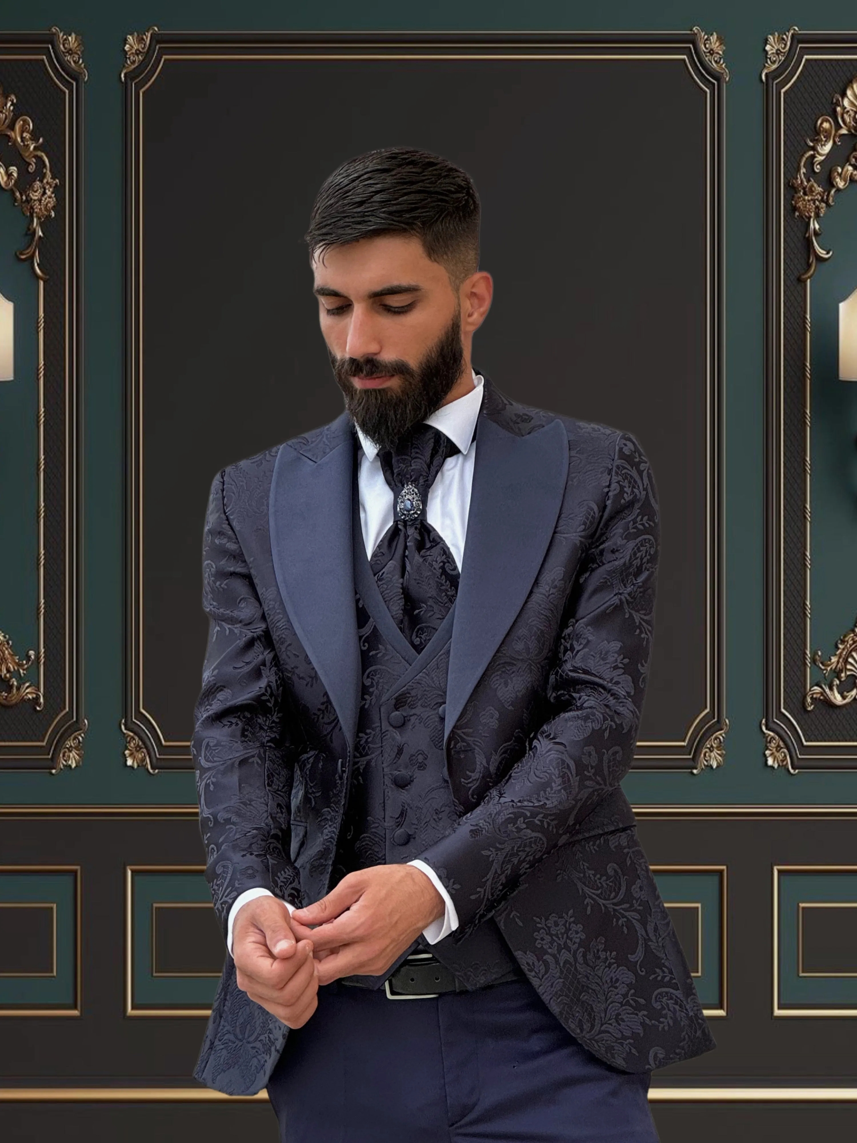 Men's Navy Blue Floral Design Tuxedo with Peak Lapel | Stunning Formal Wear