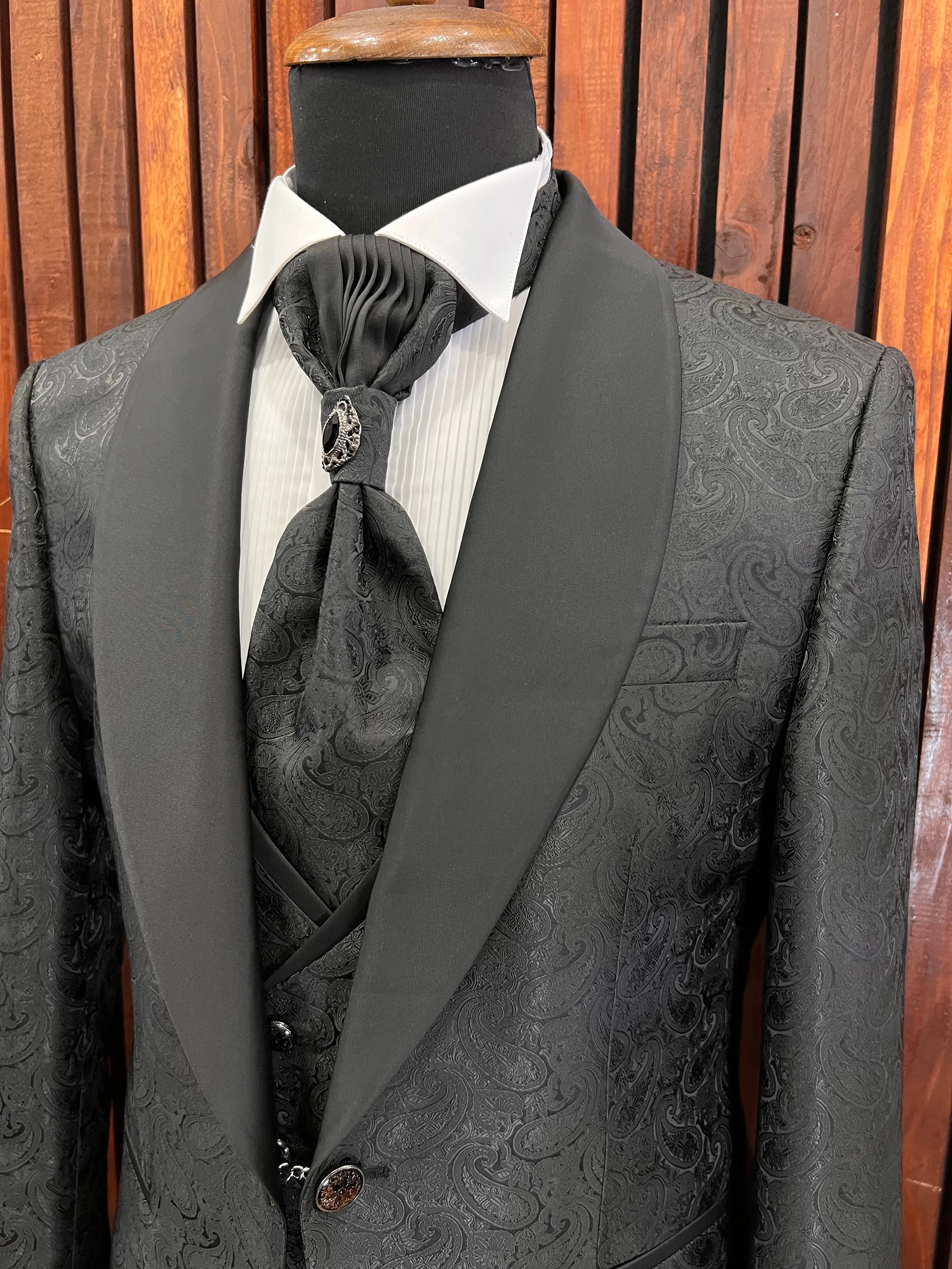 Mens Slim Fit Black Tuxedo | Shawl Lapel Floral Tuxedo | Wedding & Special Events