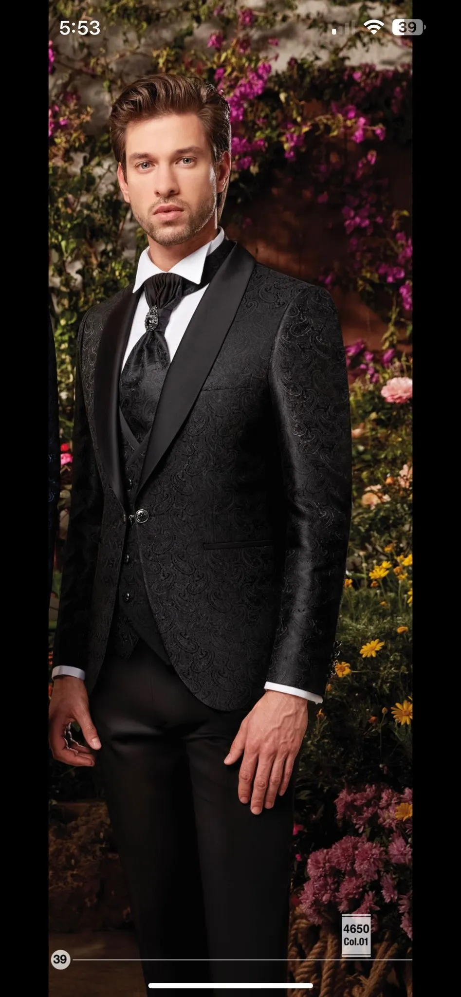 Mens Slim Fit Black Tuxedo | Shawl Lapel Floral Tuxedo | Wedding & Special Events