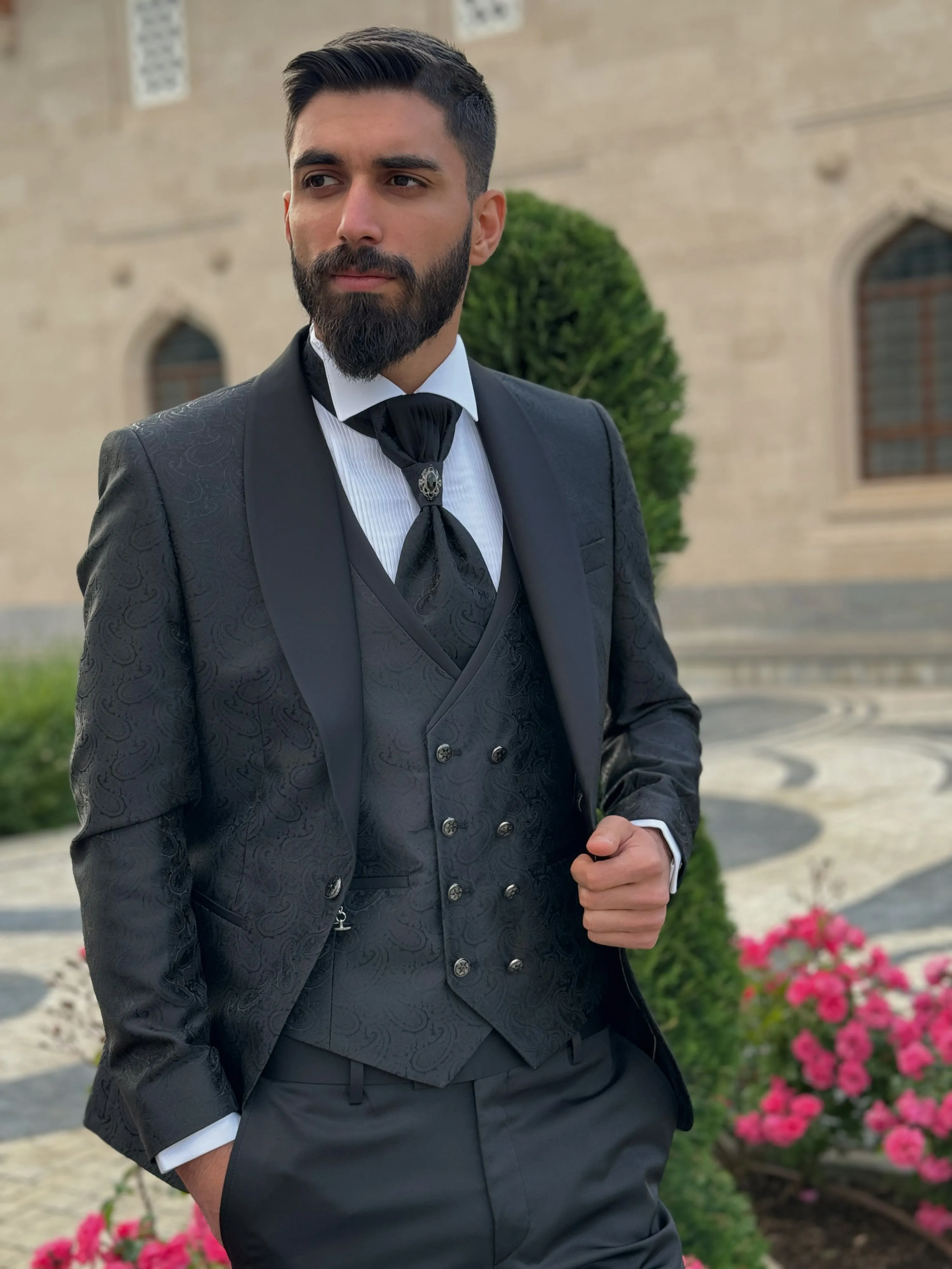 Mens Slim Fit Black Tuxedo | Shawl Lapel Floral Tuxedo | Wedding & Special Events