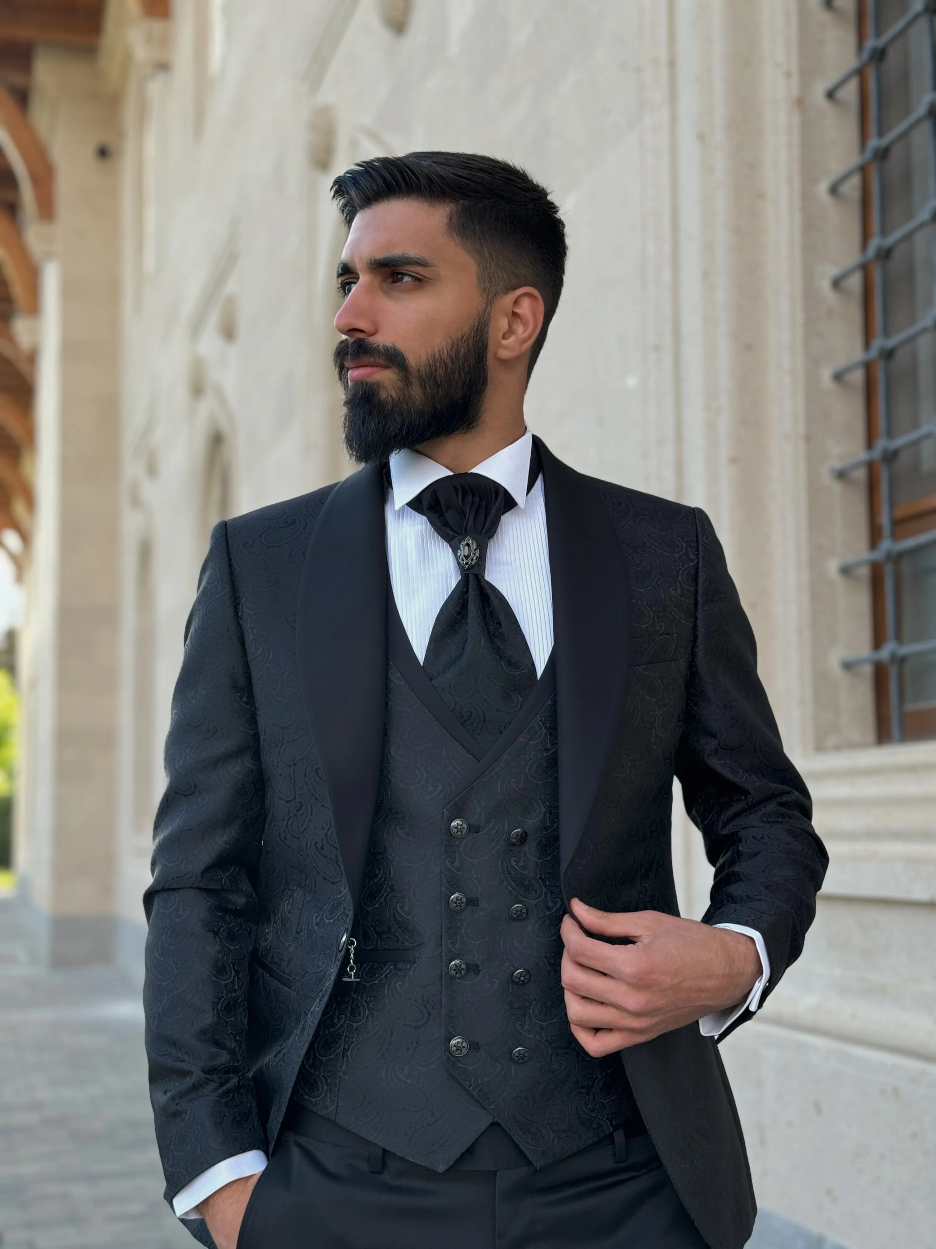 Mens Slim Fit Black Tuxedo | Shawl Lapel Floral Tuxedo | Wedding & Special Events