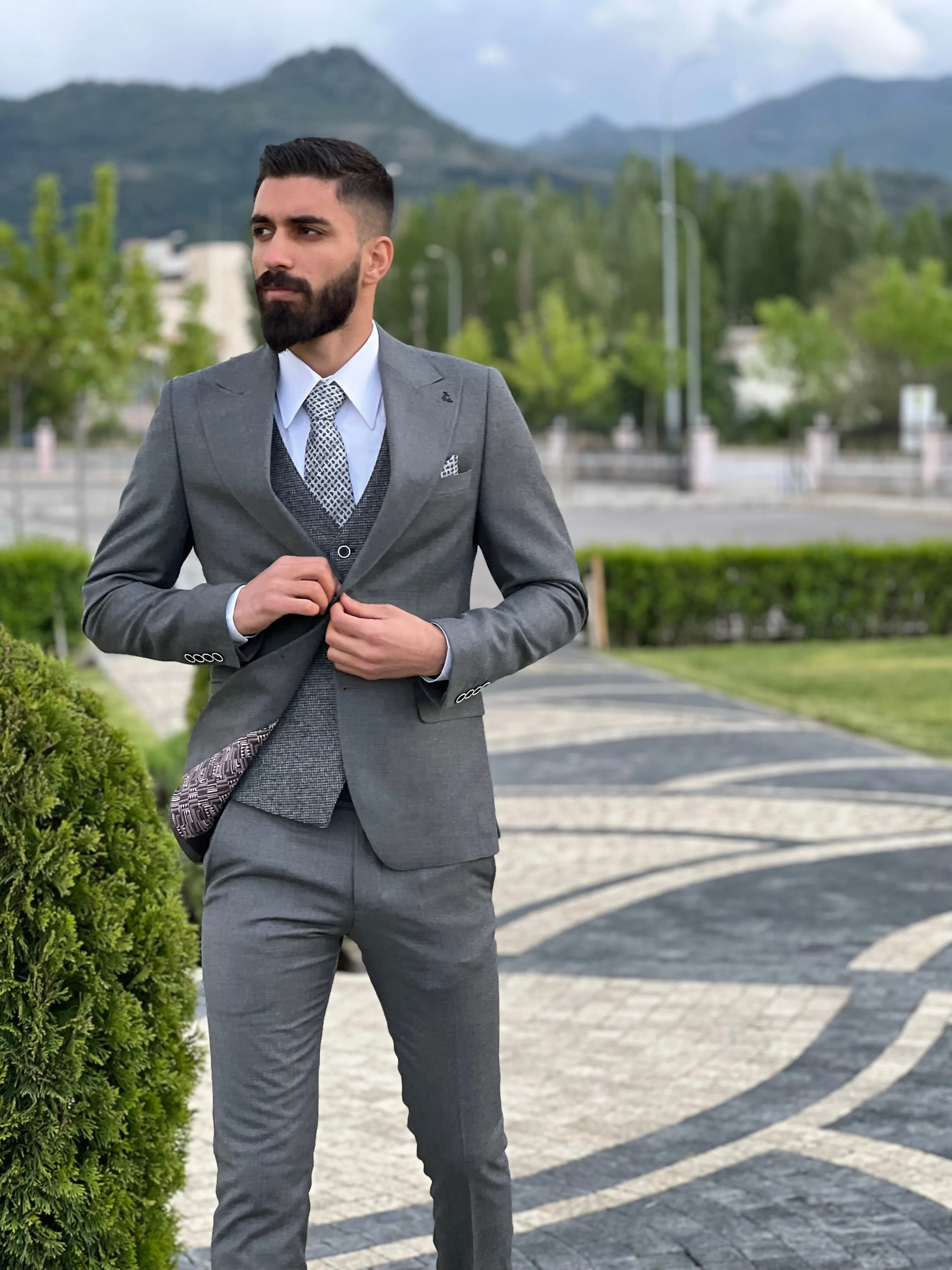 Mens Slim Fit Gray Suit | 3 Piece Wool Suit premium 4 way stretch