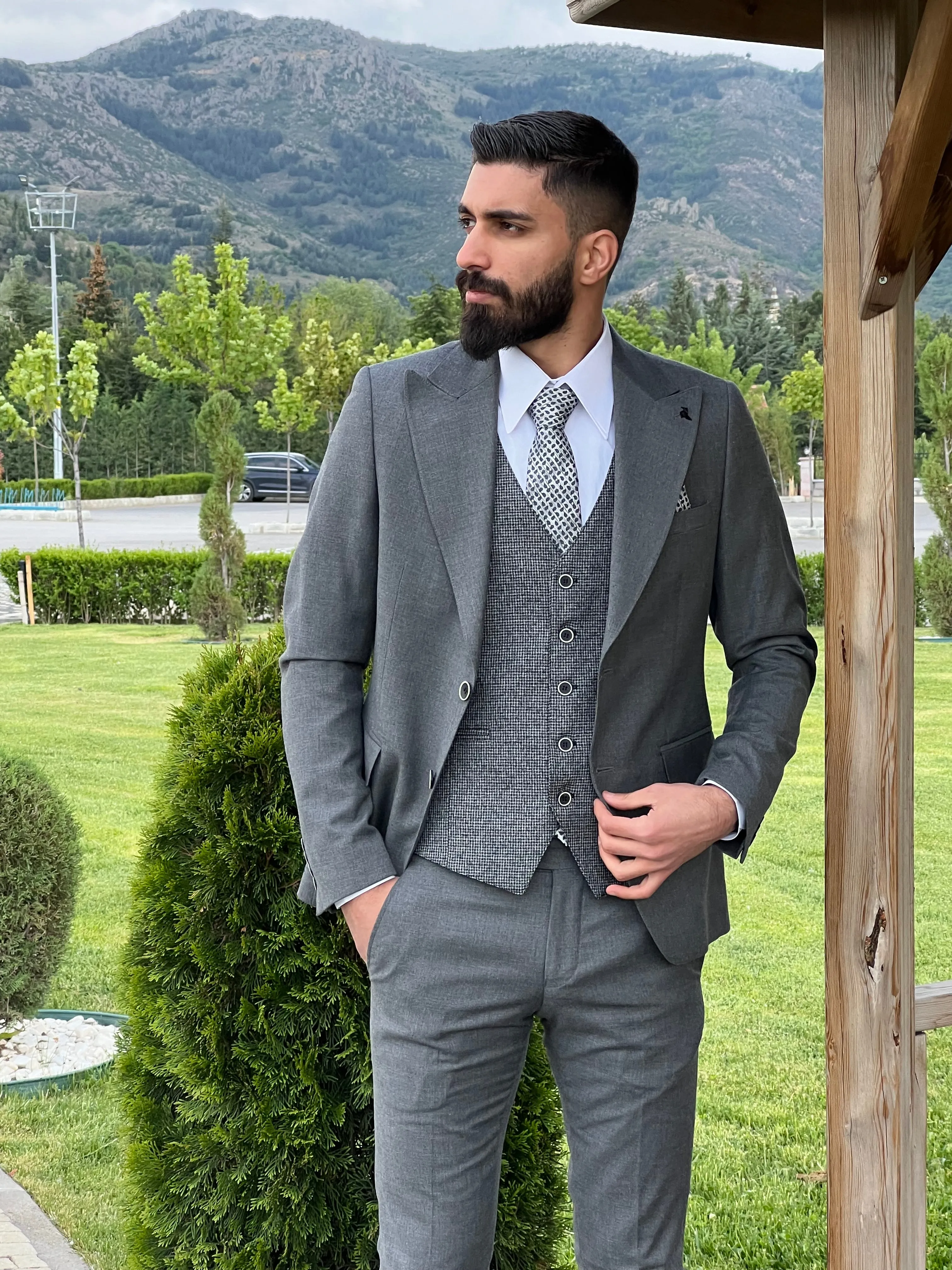 Mens Slim Fit Gray Suit | 3 Piece Wool Suit premium 4 way stretch