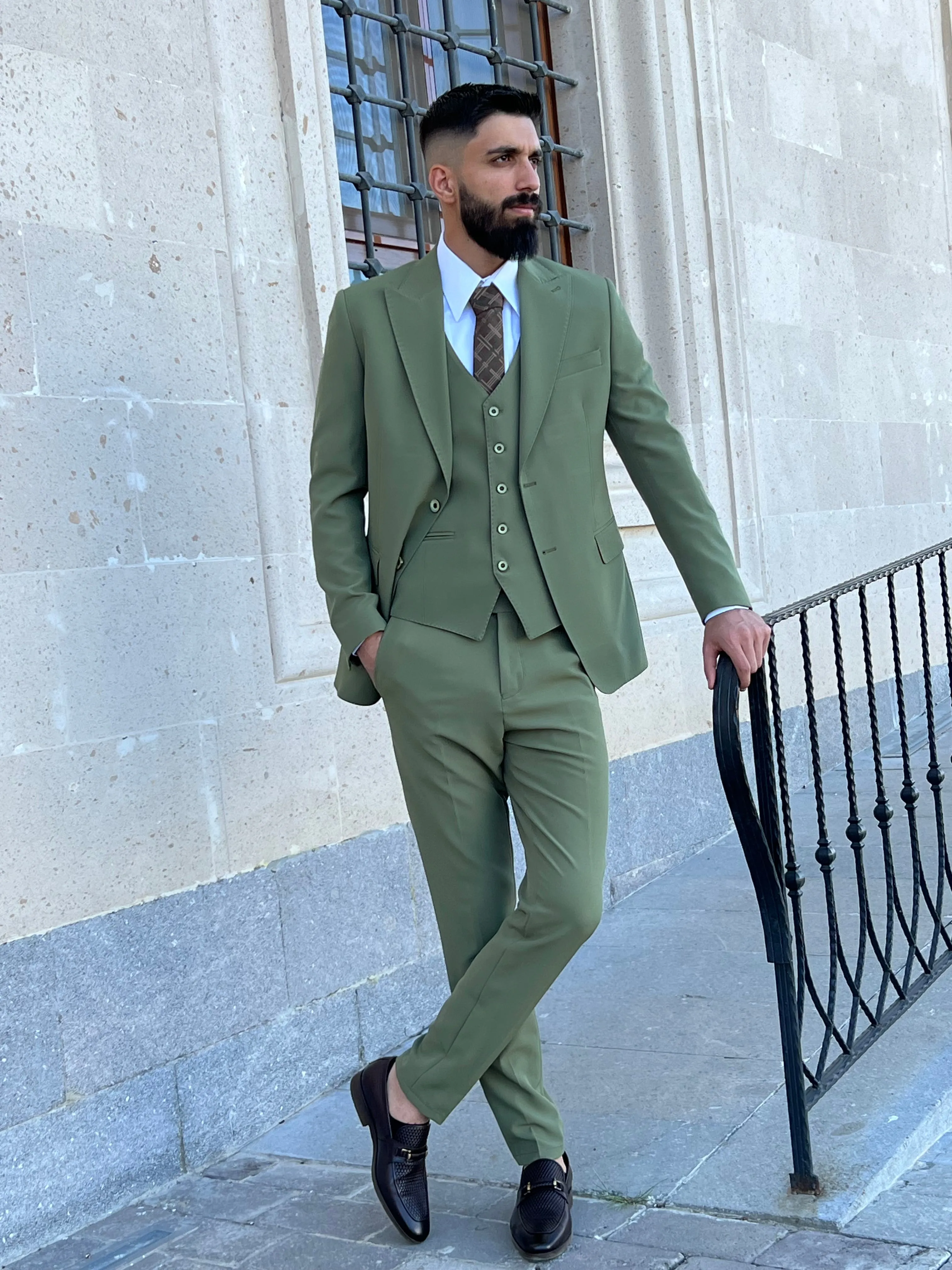 Mens Slim Fit Sage Green Color Suit | 3 Piece Wool Suit premium 4 way stretch