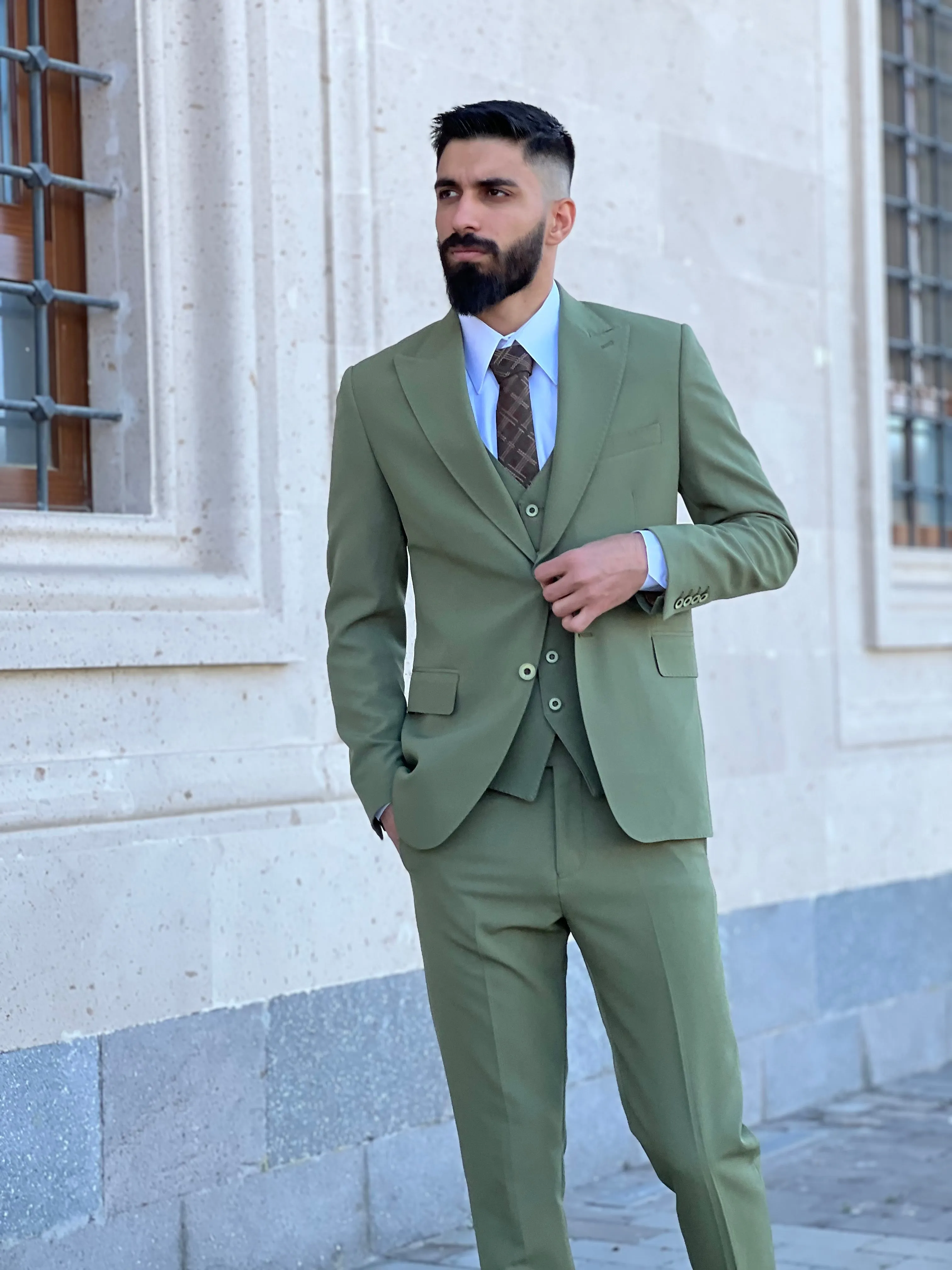 Mens Slim Fit Sage Green Color Suit | 3 Piece Wool Suit premium 4 way stretch