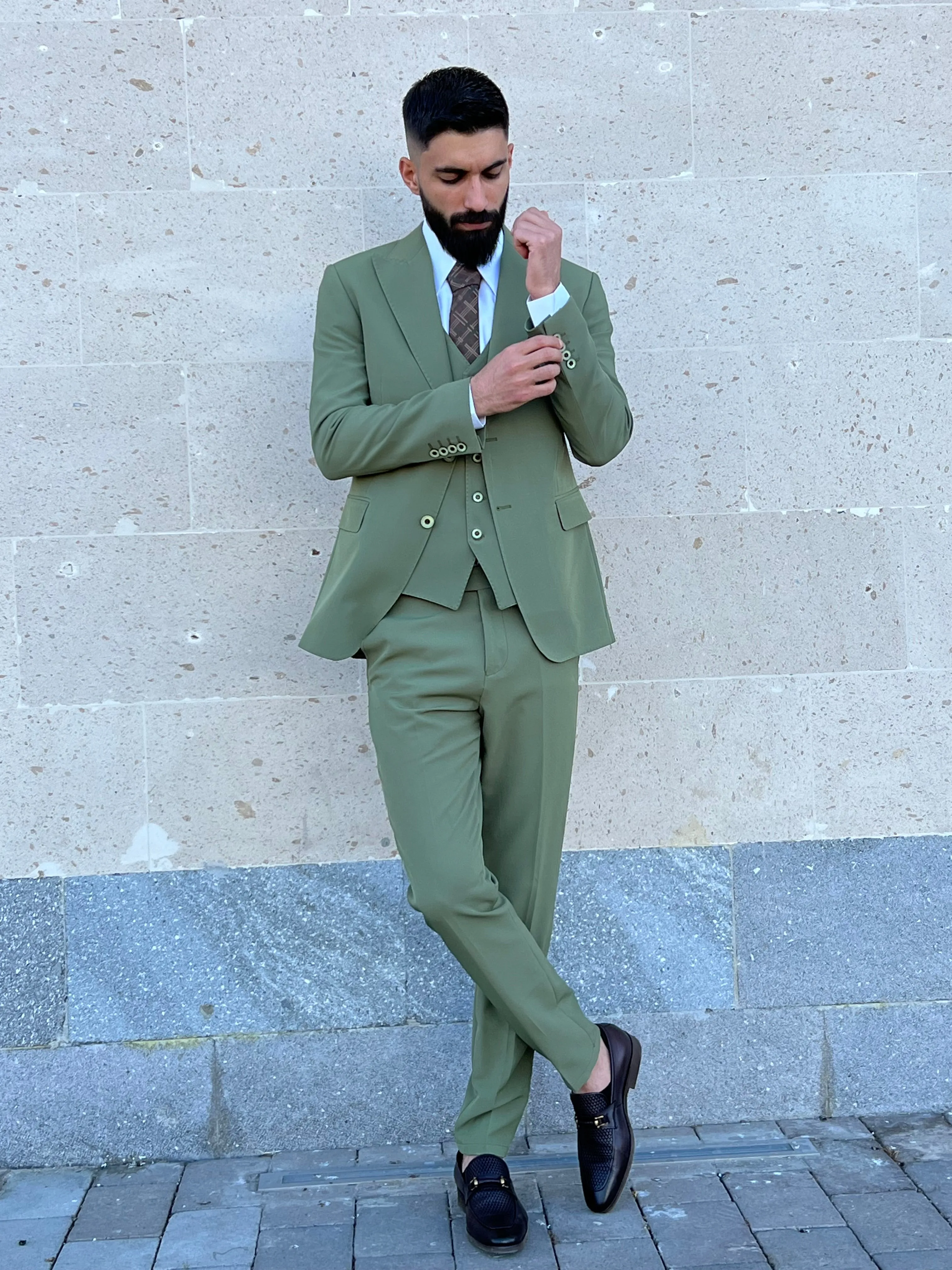 Mens Slim Fit Sage Green Color Suit | 3 Piece Wool Suit premium 4 way stretch