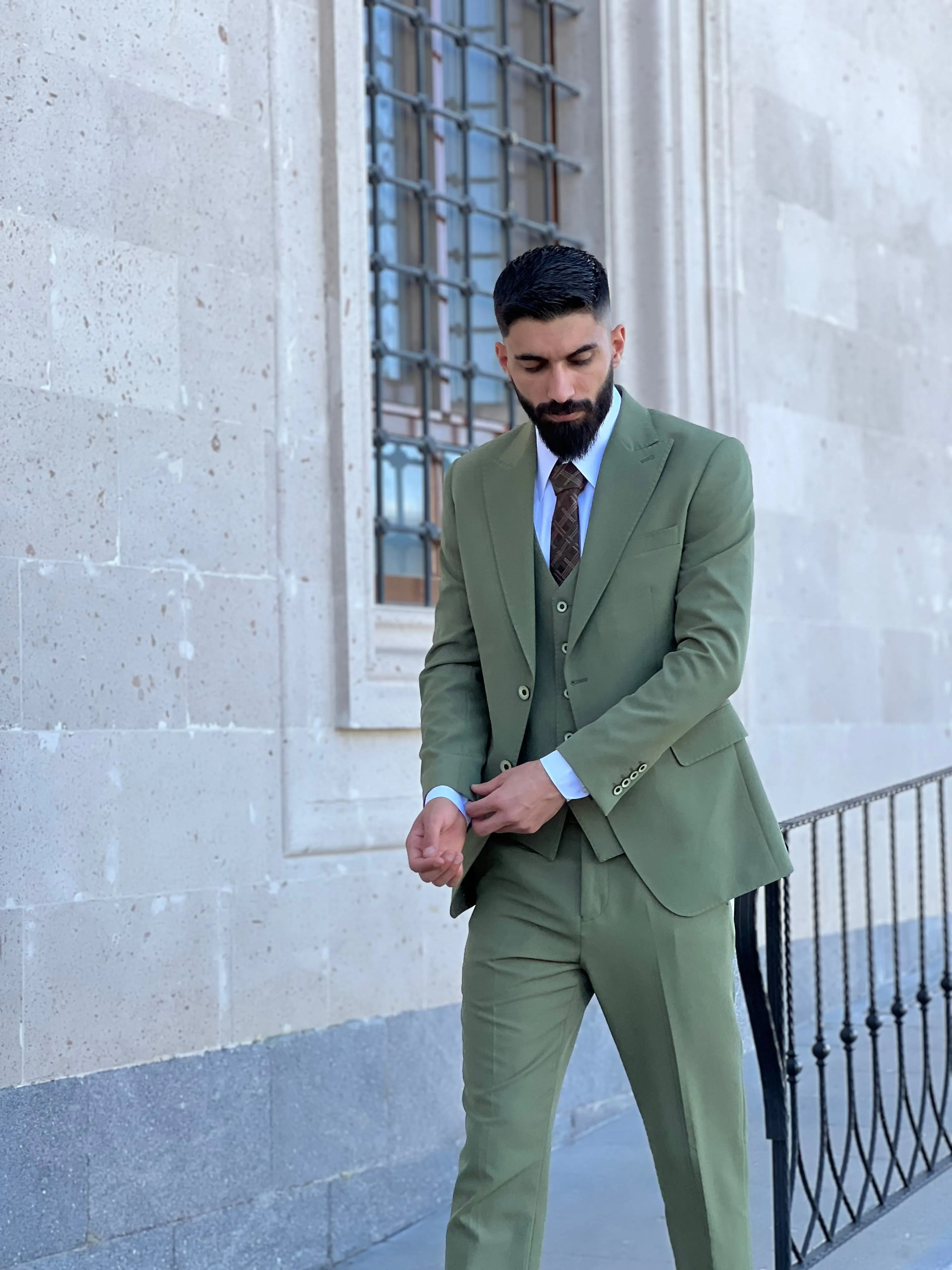 Mens Slim Fit Sage Green Color Suit | 3 Piece Wool Suit premium 4 way stretch