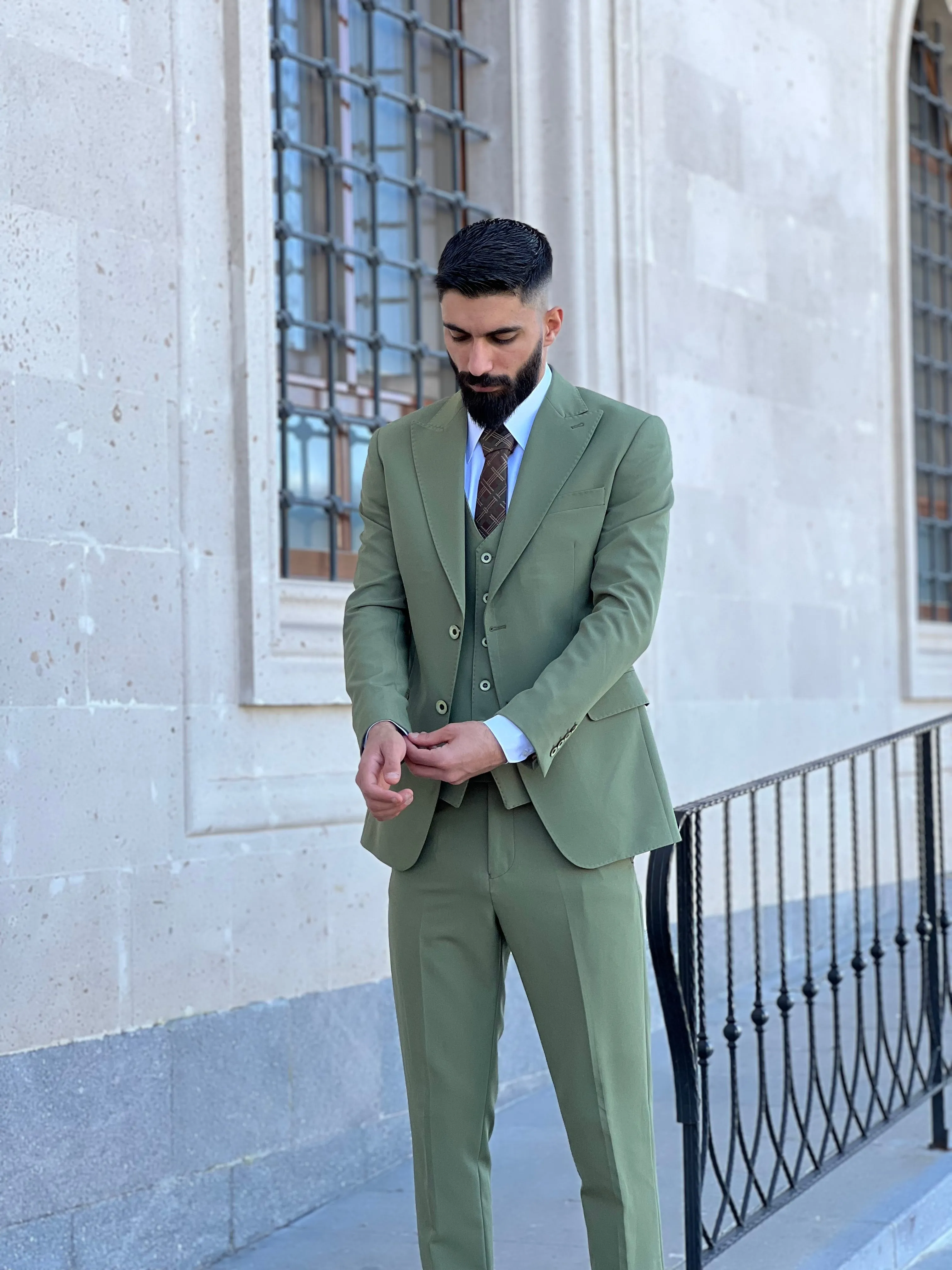 Mens Slim Fit Sage Green Color Suit | 3 Piece Wool Suit premium 4 way stretch