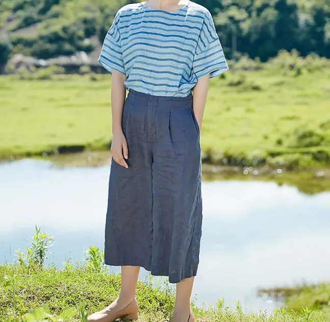 Organic Linen Summer  Women Casual Wide Leg Pants SMM97235